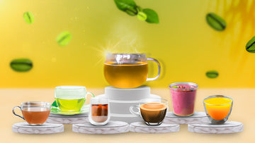 Different types of coffee placed together with a bright background, ranging from green coffee to cappuccino.