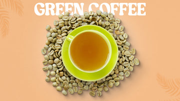 A perfectly brewed cup of green coffee with raw green coffee beans as a stand of the cup with a bright nude background.