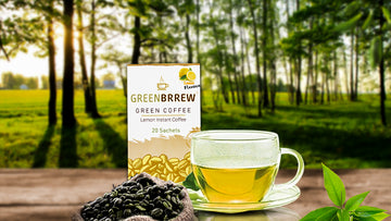 A pack of lemon instant coffee with a brewed cup and a vast plantation in the backdrop.