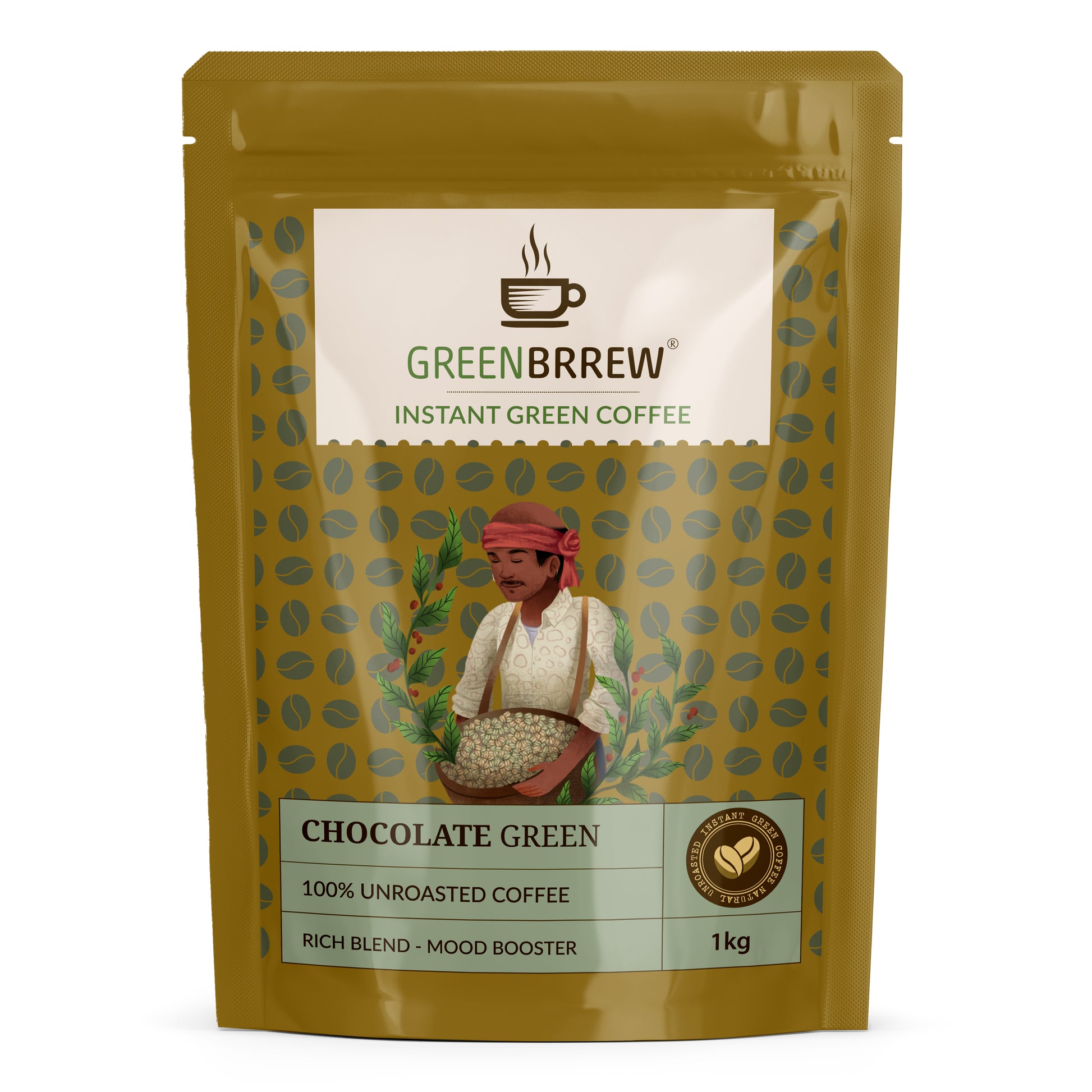 Instant Green Coffee package with holding coffee beans on a white background