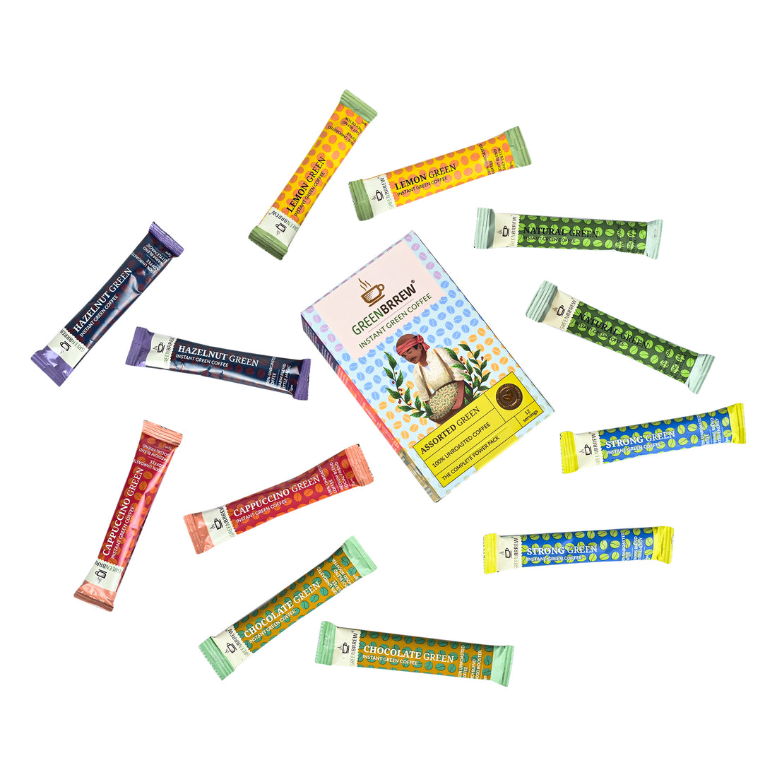 Greenbrrew Assorted Green Coffee Box | The Complete Power Pack | 6 Flavours for Every Mood | 12 Sachets, 36g