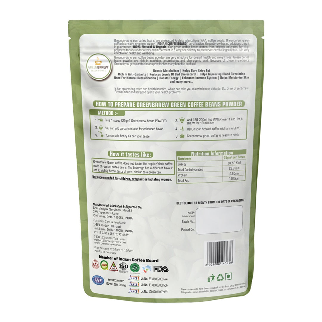 Information regarding the product ingredients and know how of green coffee beans powder.