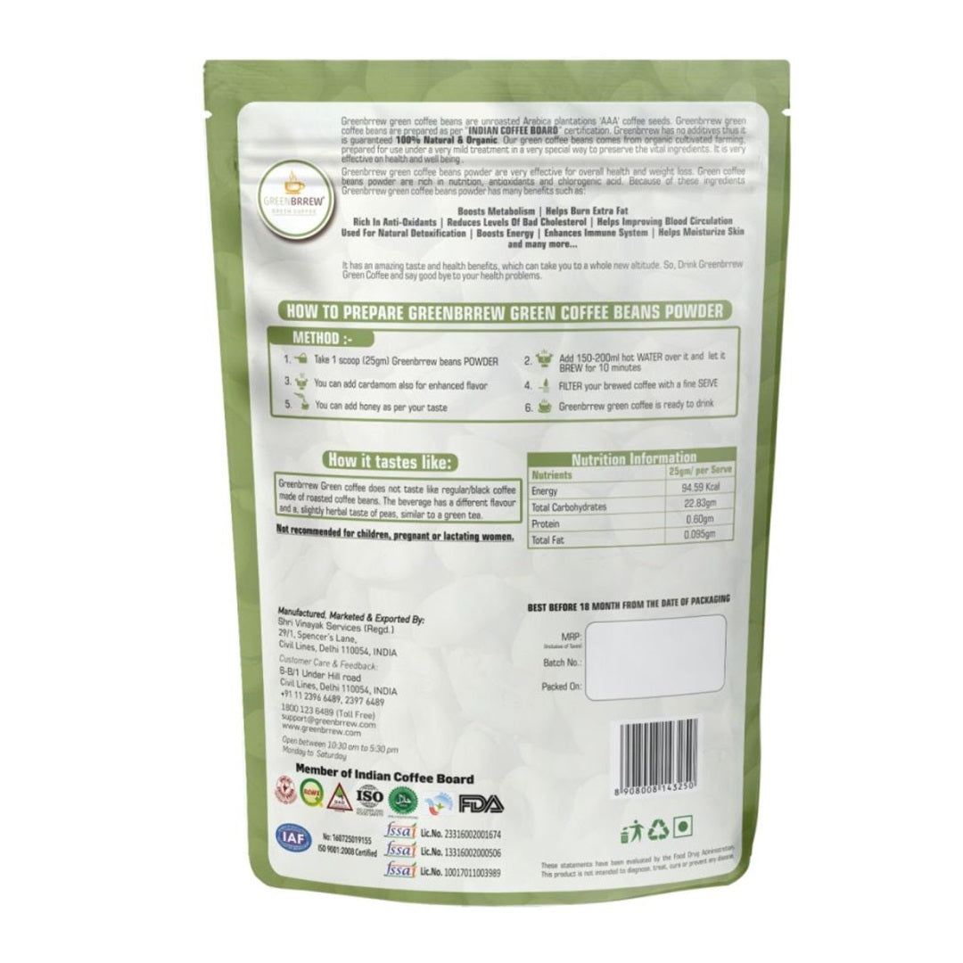 Back label of green coffee beans showcasing the ingredients and other important information