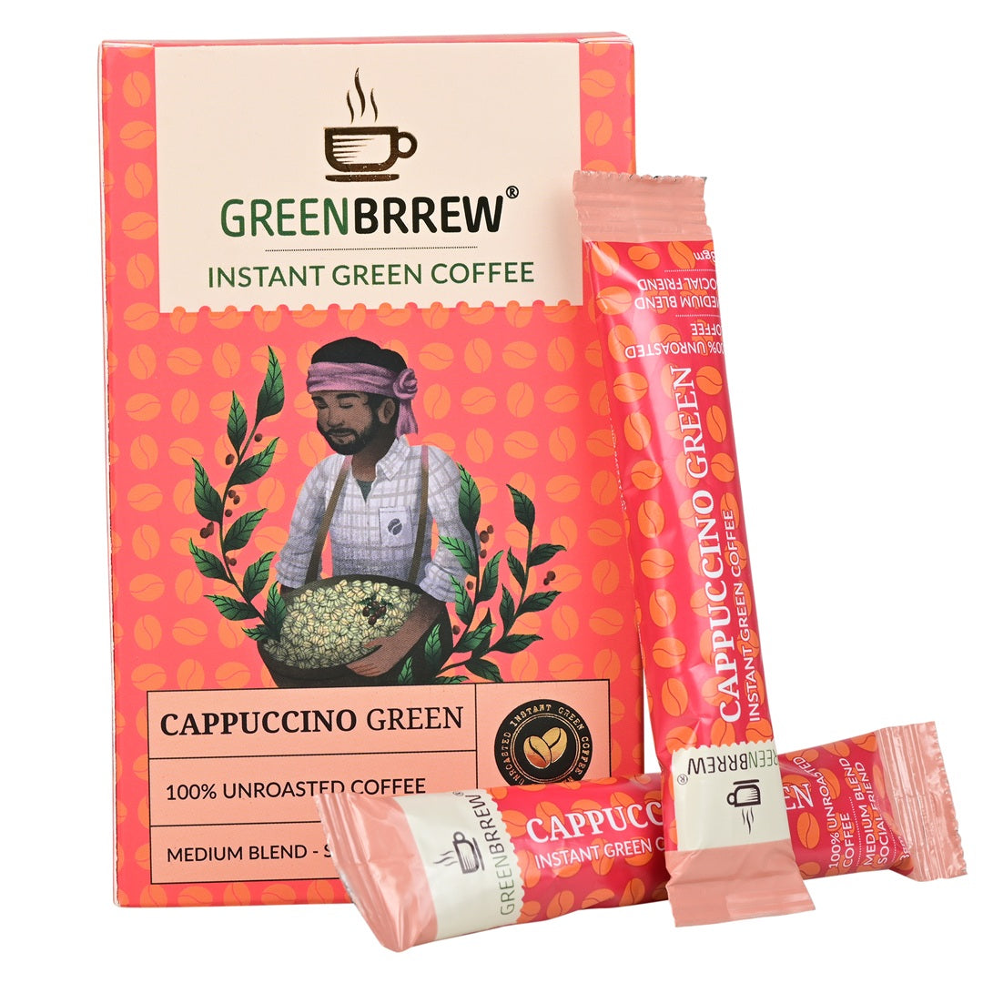 Front view of the greenbrrew cappuccino green coffee with sachets.