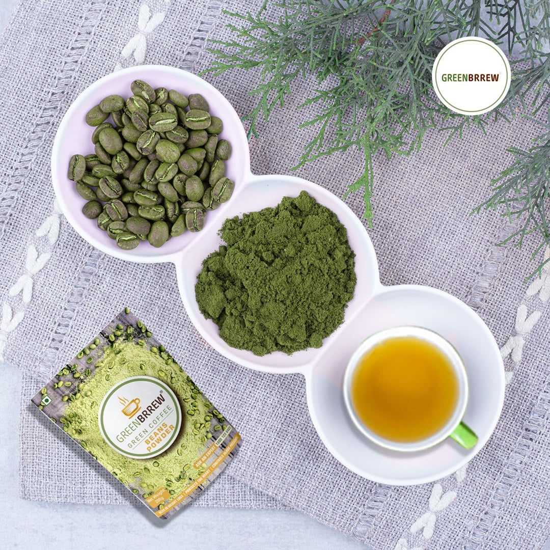 Freshly grated green coffee beans powder with a side of rejuvenating green coffee.