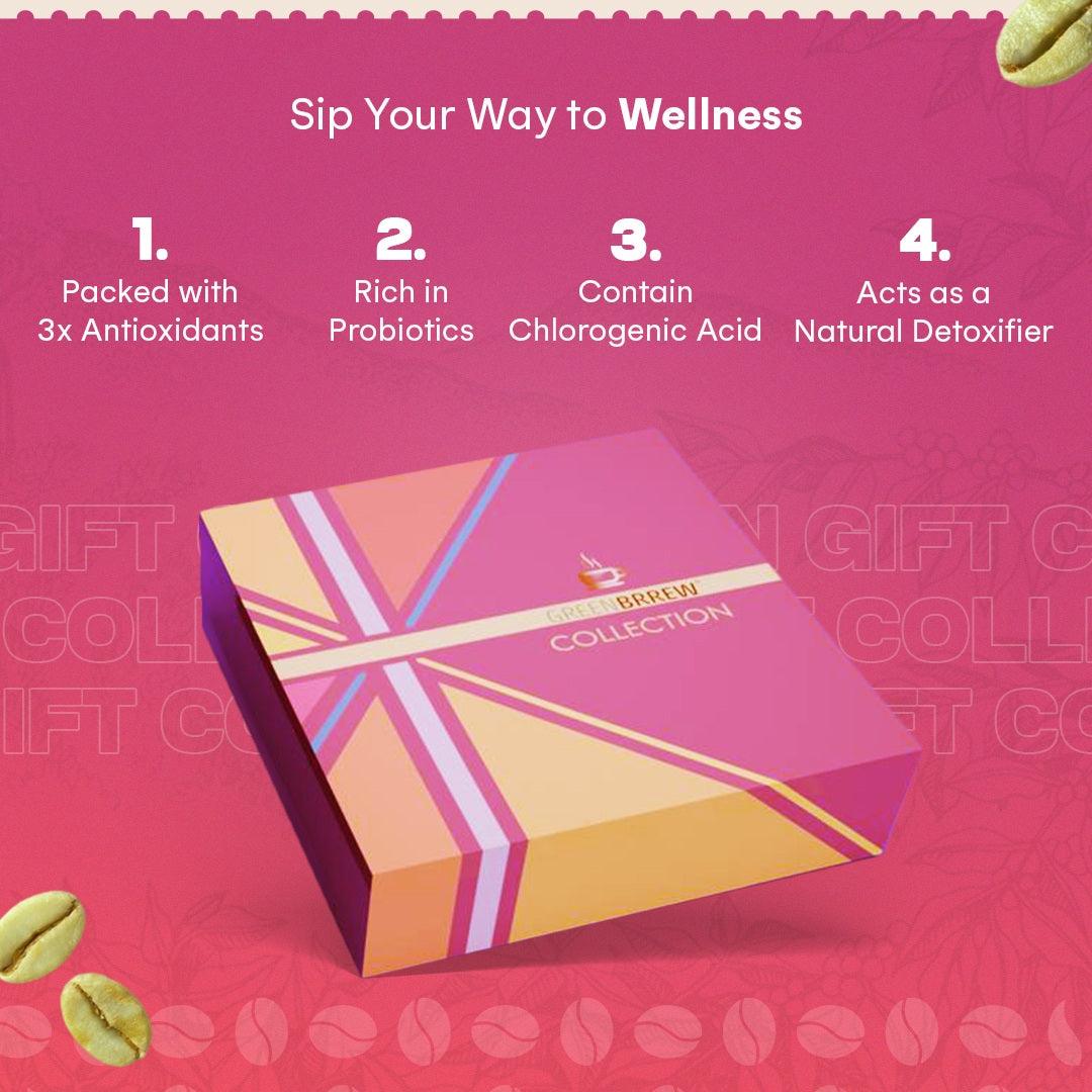 Greenbrrew's gift box showcasing all the benefits it provides with it's 6 exquisite flavors.