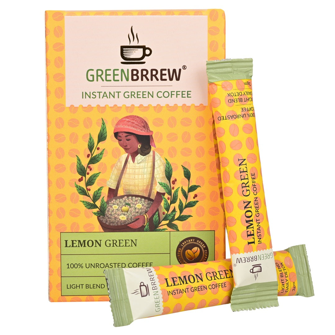 Pack of greenbrrew lemon green coffee front view alongside sachets.