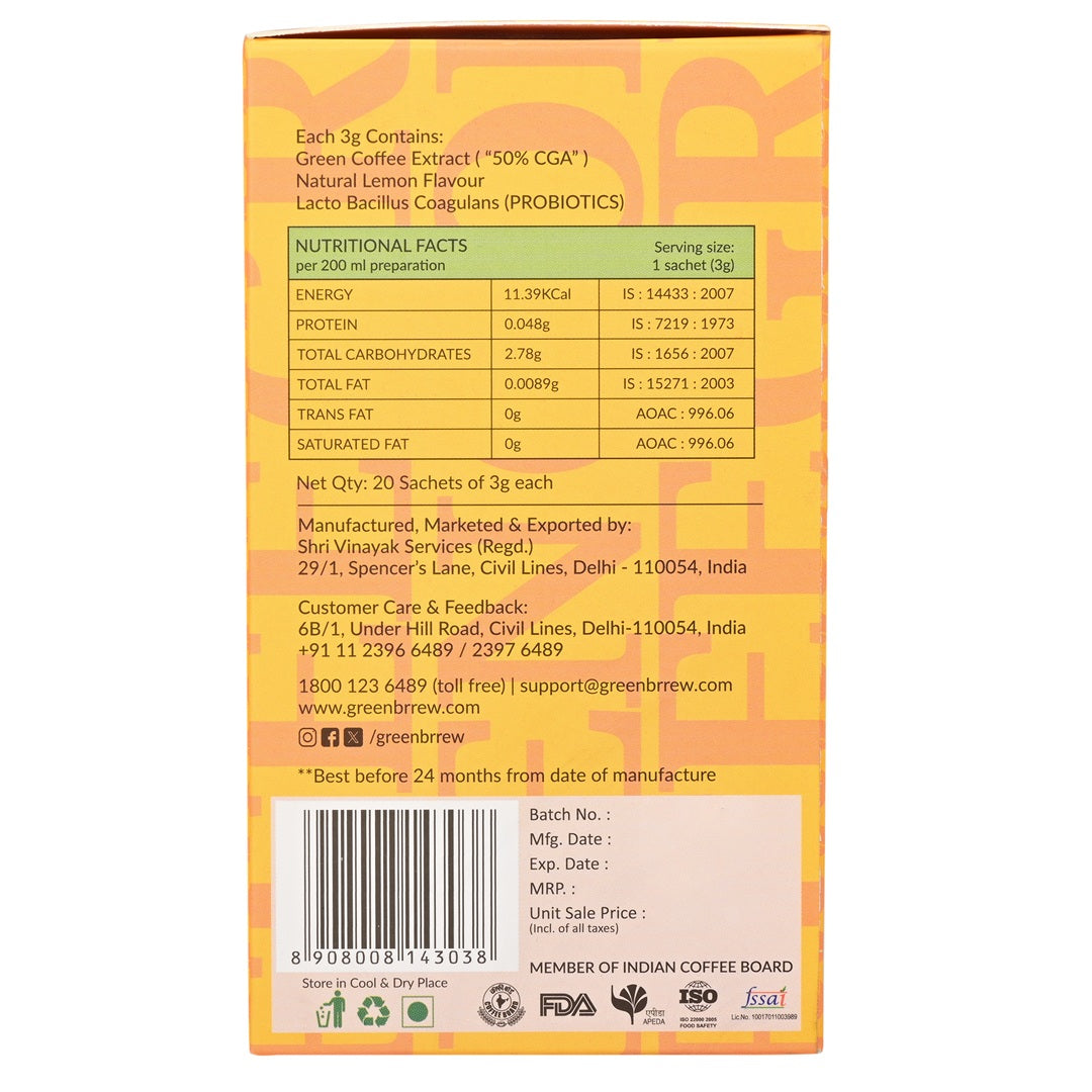 Left side view of greenbrrew lemon green coffee with nutritional facts mentioned.