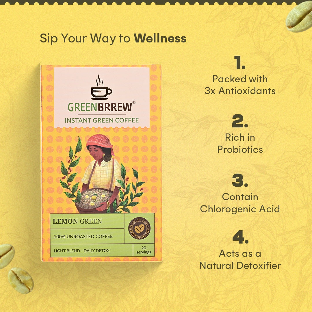 Infographic showcasing all the benefits that greenbrrew lemon green coffee provides.