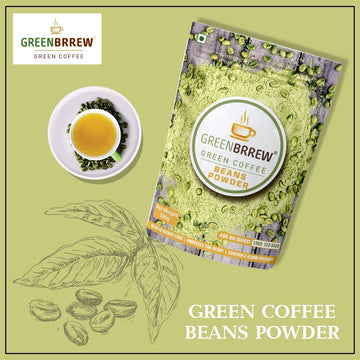 Graphic presentation of green coffee beans powder with a freshly brewed cup.