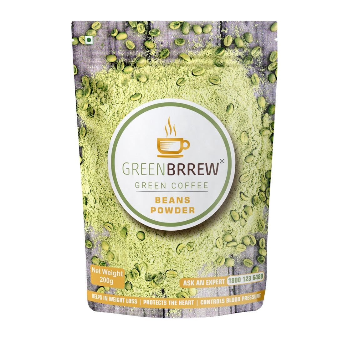Pack of Green Coffee Beans Powder 200g, highlighting health benefits like weight loss and heart protection.