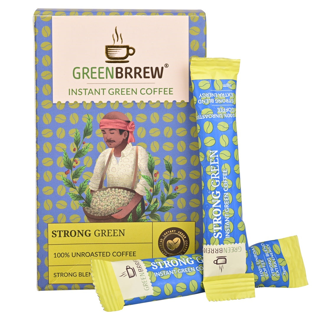 Front side of greenbrrew's strong green coffee paired with two sachets.