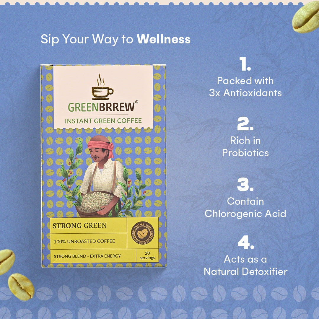 Four benefits are mentioned that strong green coffee provides.