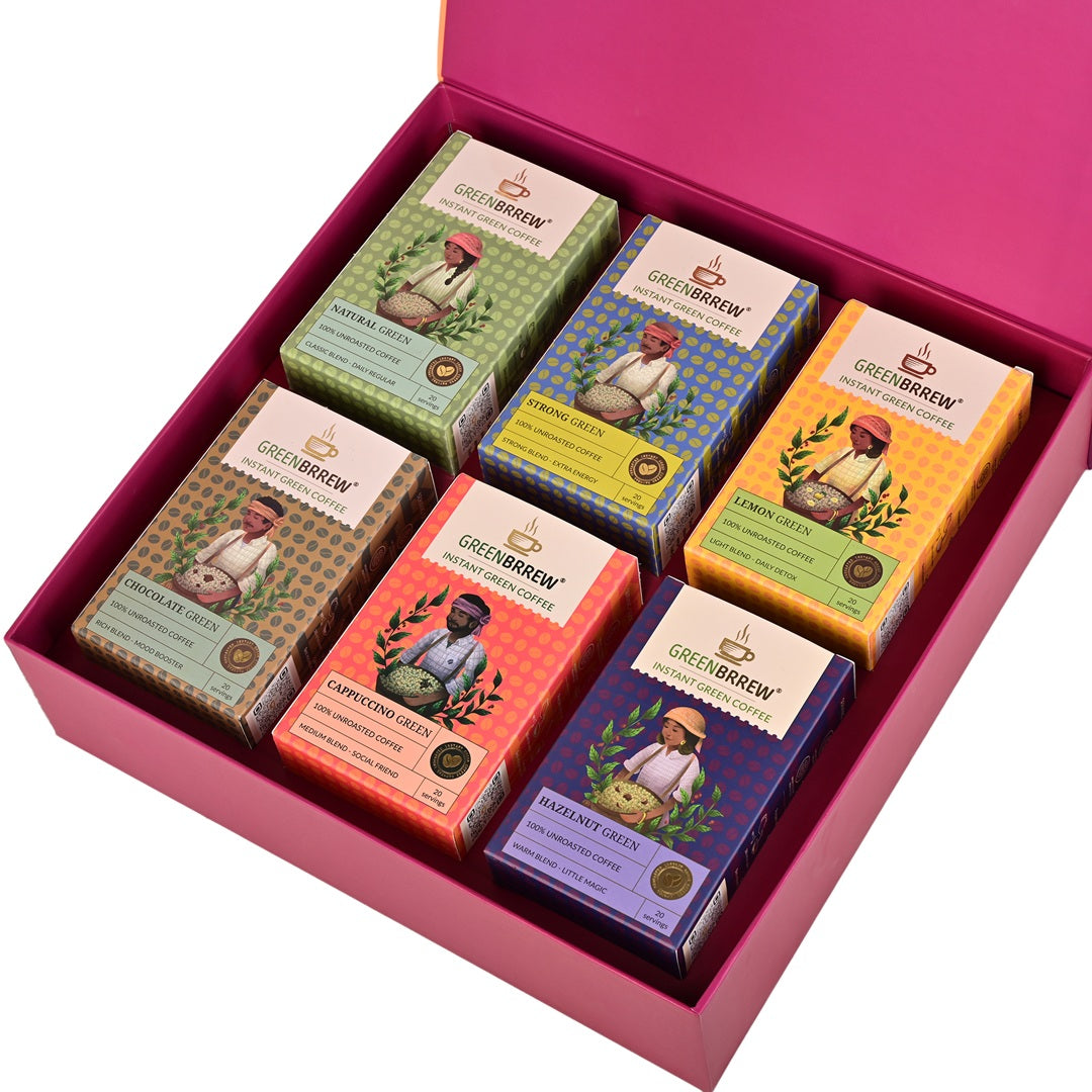 Showcasing all the boxes present in the greenbrrew's gift box of 6.