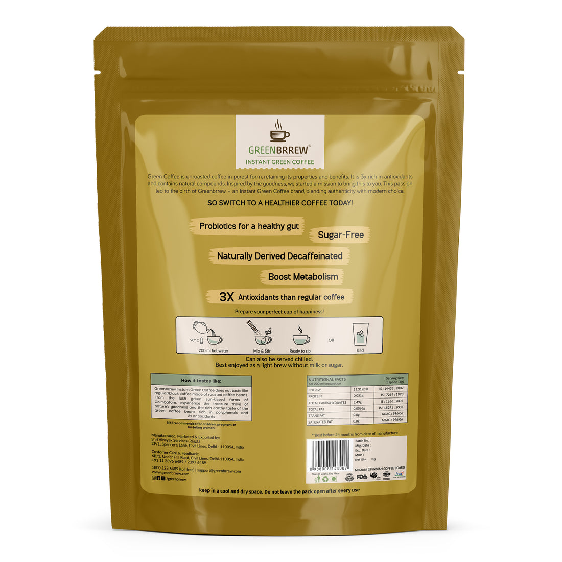 Instant Green Coffee package with holding coffee beans on a white background