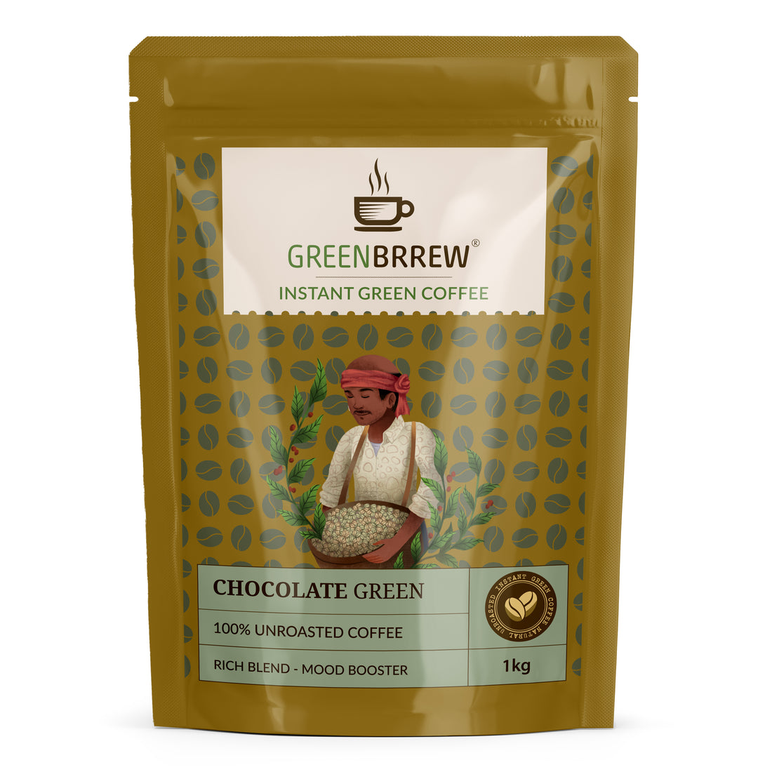 Instant Green Coffee package with holding coffee beans on a white background