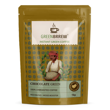 Instant Green Coffee package with holding coffee beans on a white background