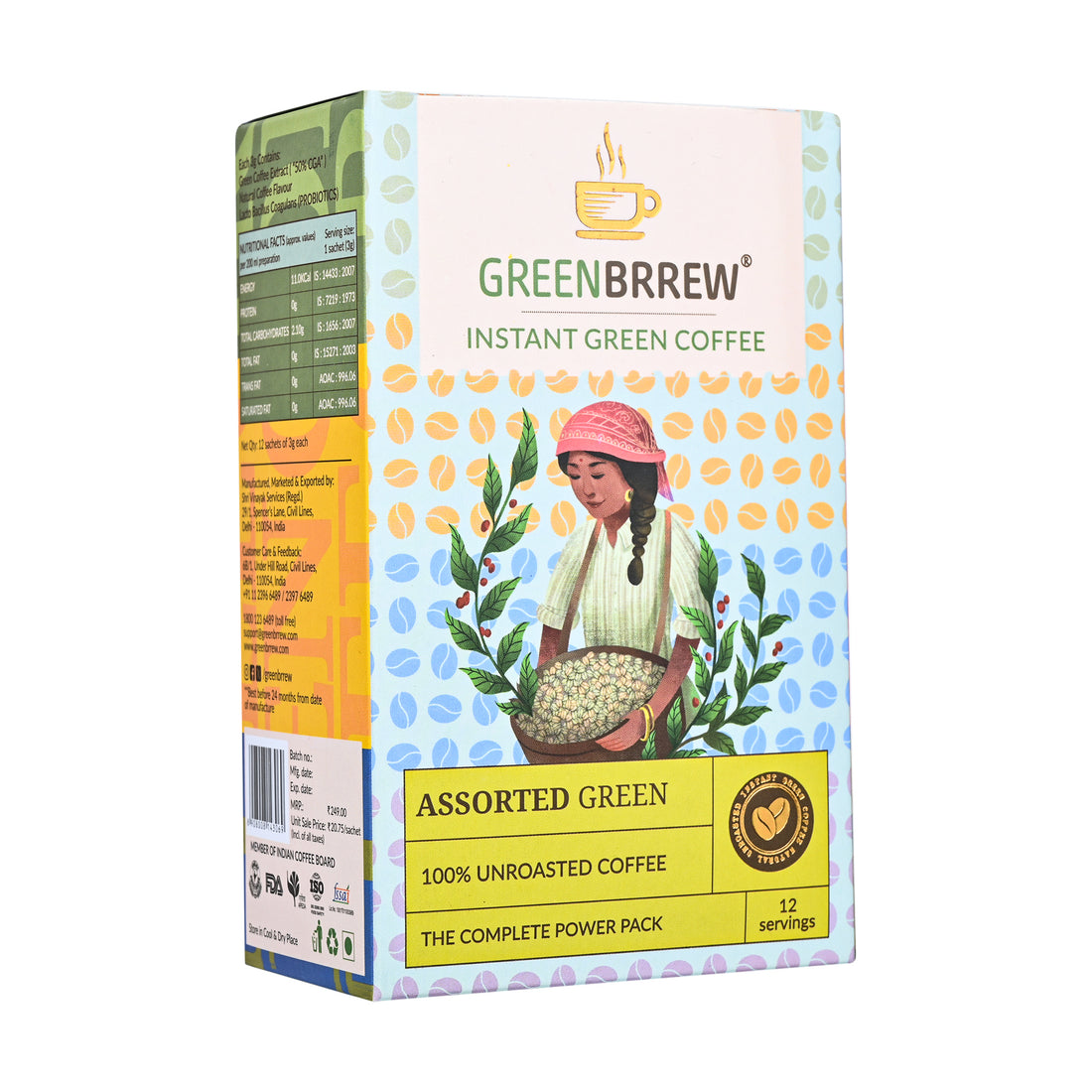 Greenbrrew Assorted Green | 100% Unroasted Coffee | The Complete Power Pack | Flavours for Every Mood| 12 Servings | 36g