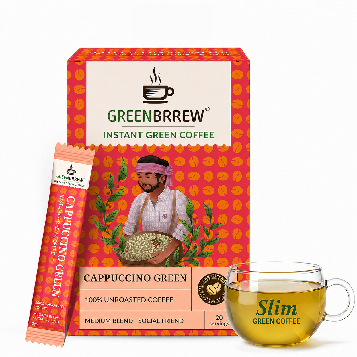 Cappuccino Green Coffee | 100% Unroasted Coffee | Medium Blend | Social Friend | 20 Sachets | 60g