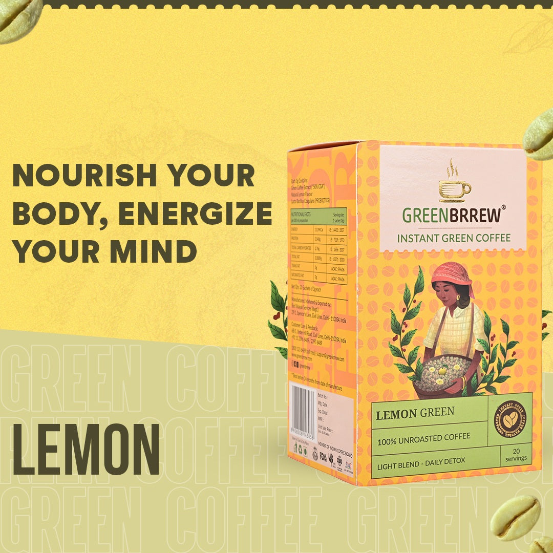 Lemon Green | 100% Unroasted Coffee | Light Blend | Daily Detox | 20 Servings | 60g