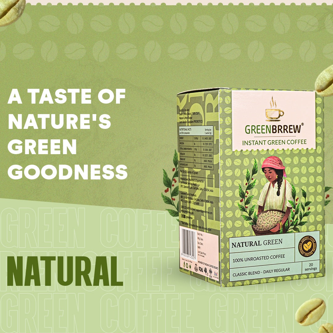 Natural Green | 100% Unroasted Coffee | Classic Blend | Daily Regular | 20 Servings | 60g