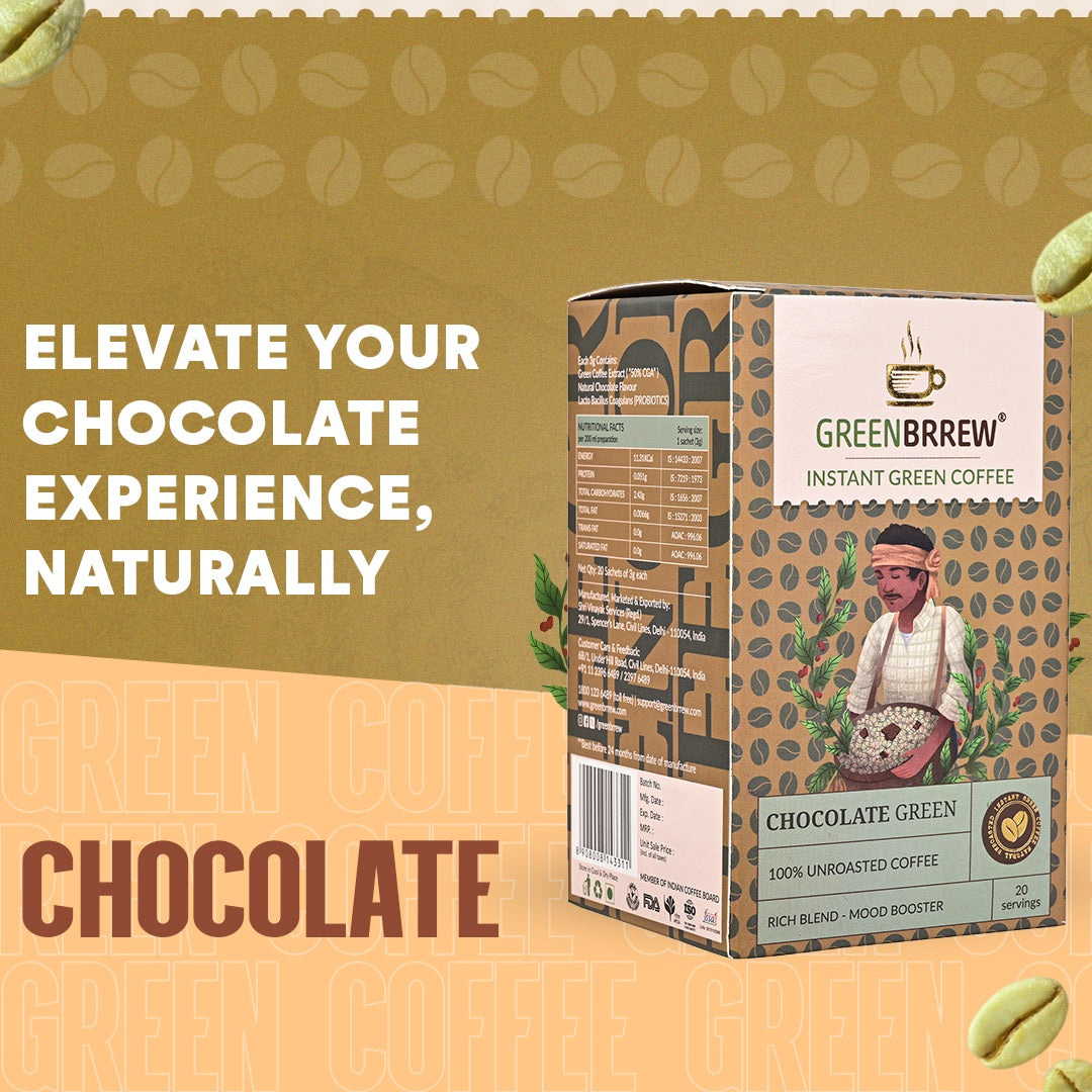 Chocolate Green | 100% Unroasted Coffee | Rich Blend | Mood Booster | 20 Servings | 60g