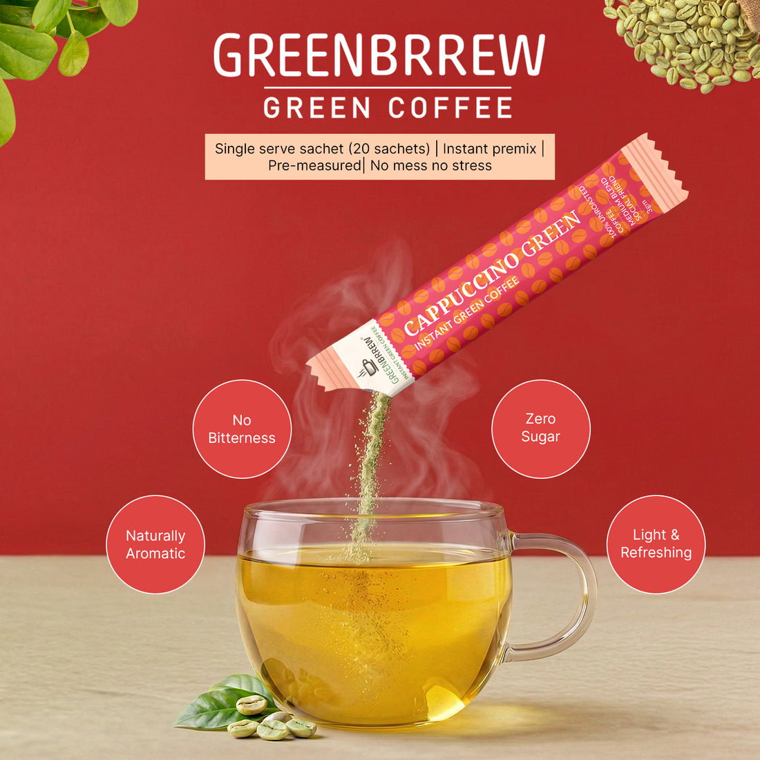 Cappuccino Green Coffee | 100% Unroasted Coffee | Medium Blend | Social Friend | 20 Sachets | 60g