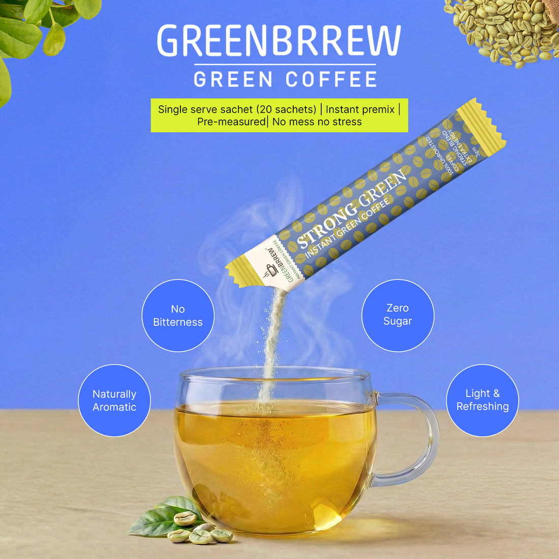 Strong Green Coffee | 100 % Unroasted Coffee | Strong Blend | Extra Energy | 20 Servings | 60g