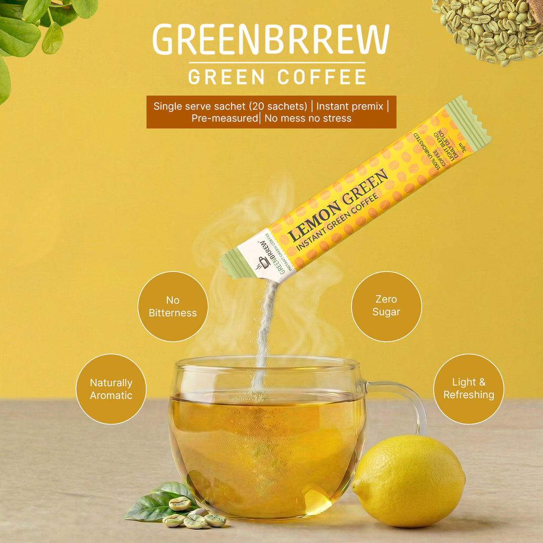 Lemon Green Coffee | Fresh Citrus, Twist | Light Blend | Daily Detox | 20 Servings | 60g