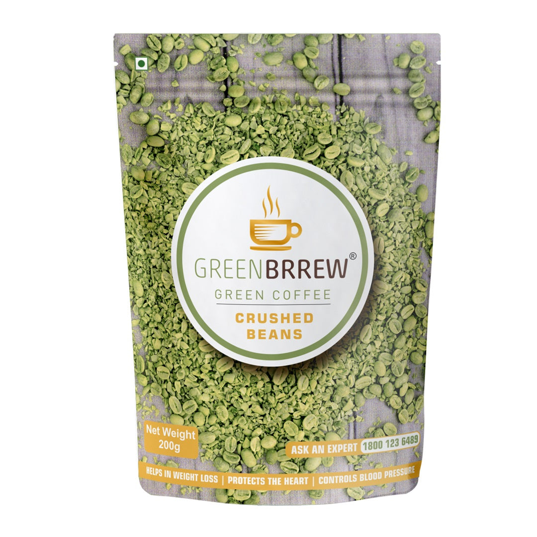 A bright pack of green coffee crushed beans 200g displaying green beans crushed.