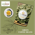 Green coffee beans pack of 200g with a coffee cup on the side.