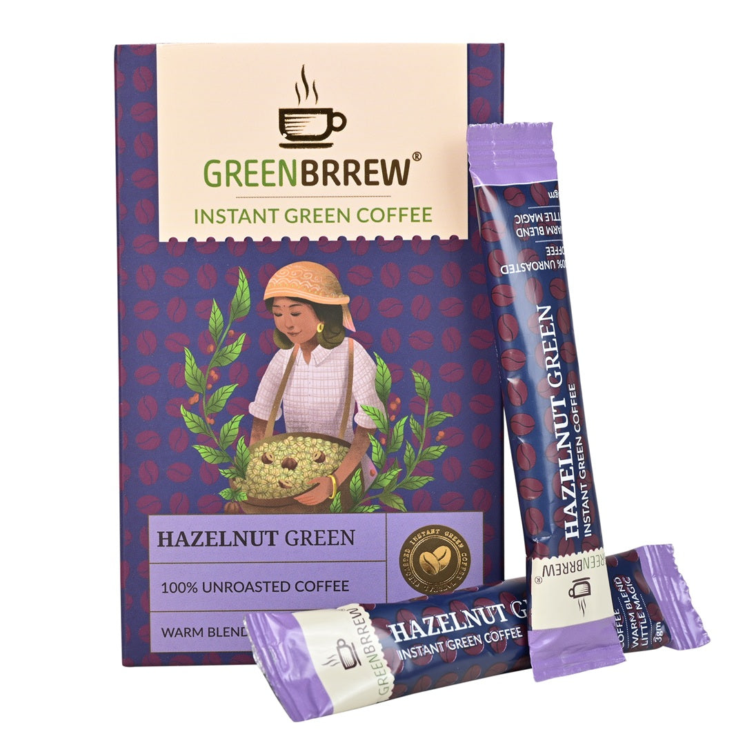 Infographic of greenbrrew hazelnut green coffee box with an eye catching luxurious tagline.