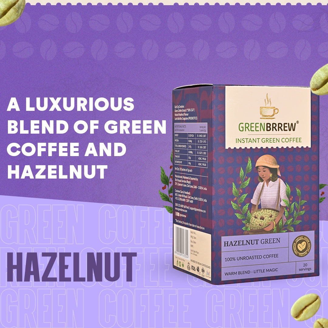 Infographic of greenbrrew hazelnut green coffee box with an eye catching luxurious tagline.