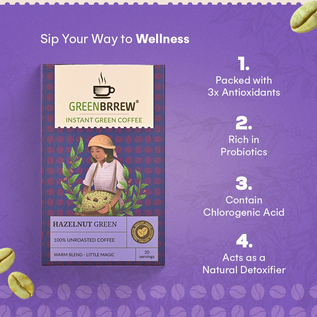 Infographic showcasing few benefits that greenbrrew hazelnut green coffee provides.