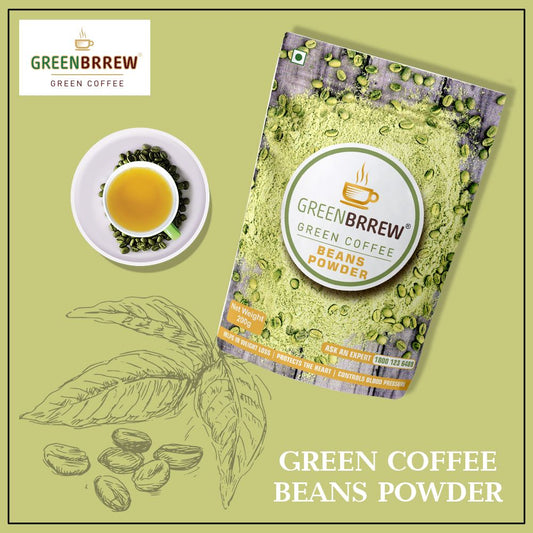 Graphic presentation of green coffee beans powder with a freshly brewed cup.