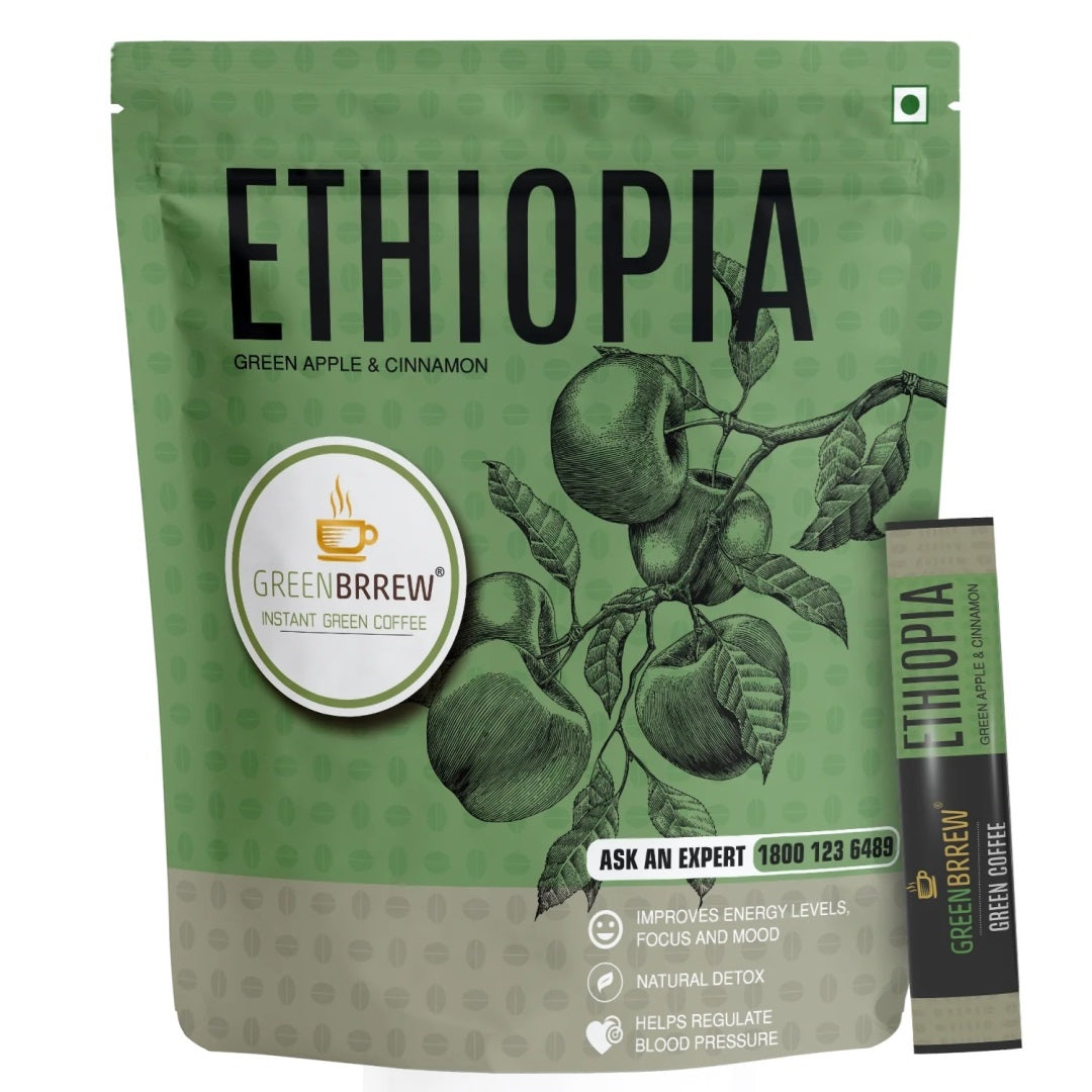 Packaging of ethiopia green apple & cinnamon coffee, highlighting health benefits and natural ingredients