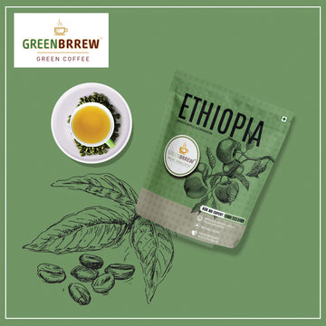 Ethiopia green apple & cinnamon coffee with a vibrant green color and paired with a cup of freshly brewed sip.