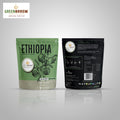 Packaging of ethiopia green coffee, coffee branch illustration, and brewing instructions on the back label
