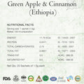 Label for ‘green apple & cinnamon (ethiopia)’ product showcasing nutritional facts and quality certifications
